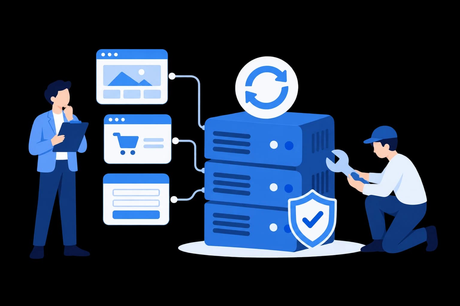 PHPで動くWebサーバーの上に更新を示す循環の矢印があり、保守担当のエンジニアがレンチで作業している。左ではチェックリストを持った発注側の担当者が、サーバーにつながるWebサイト・ECサイト・問い合わせフォームの画面を確かめている