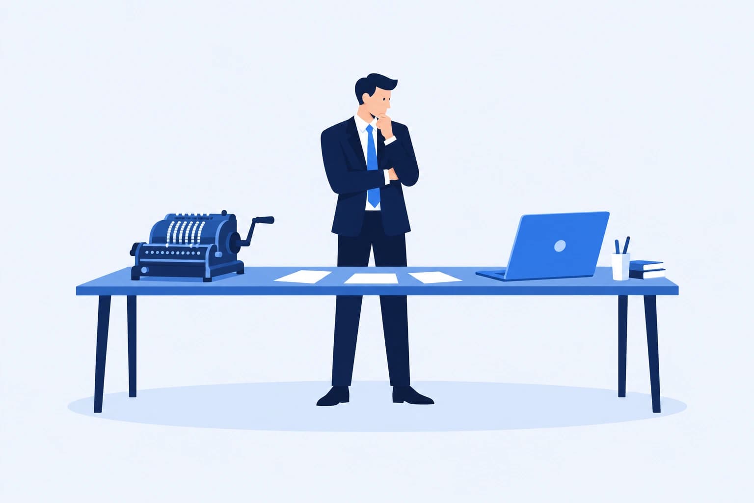 手回し計算機とノートパソコンが同じ机に並び、その間で考え込む人のイラスト。計算という作業が人の手元から機械へ移っていったことを示している