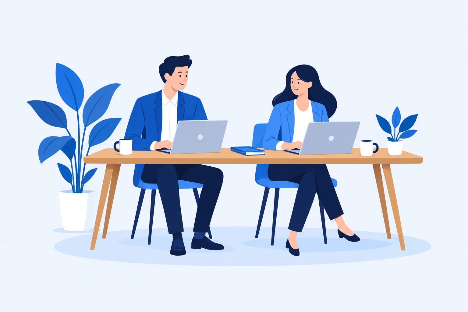 観葉植物のある木の机で、ノートPCを開いて話しながら作業する2人のイラスト