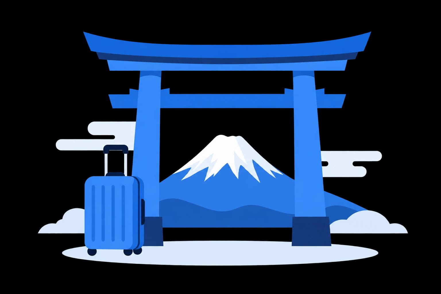 富士山を背にした鳥居と、その前に立つスーツケースのイラスト