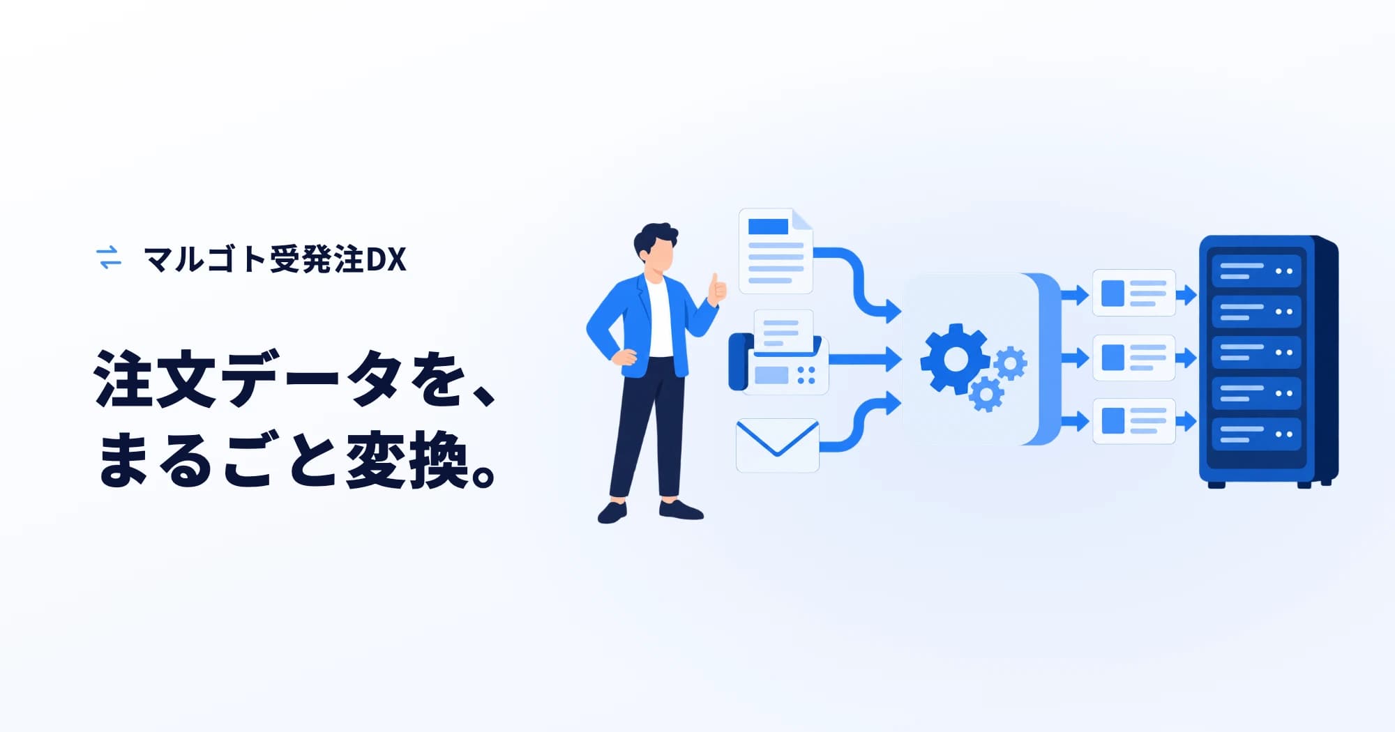 紙の注文書・FAX・メールが変換の箱に入り、そろったデータになって基幹システムのサーバーへ流れ込むイラスト