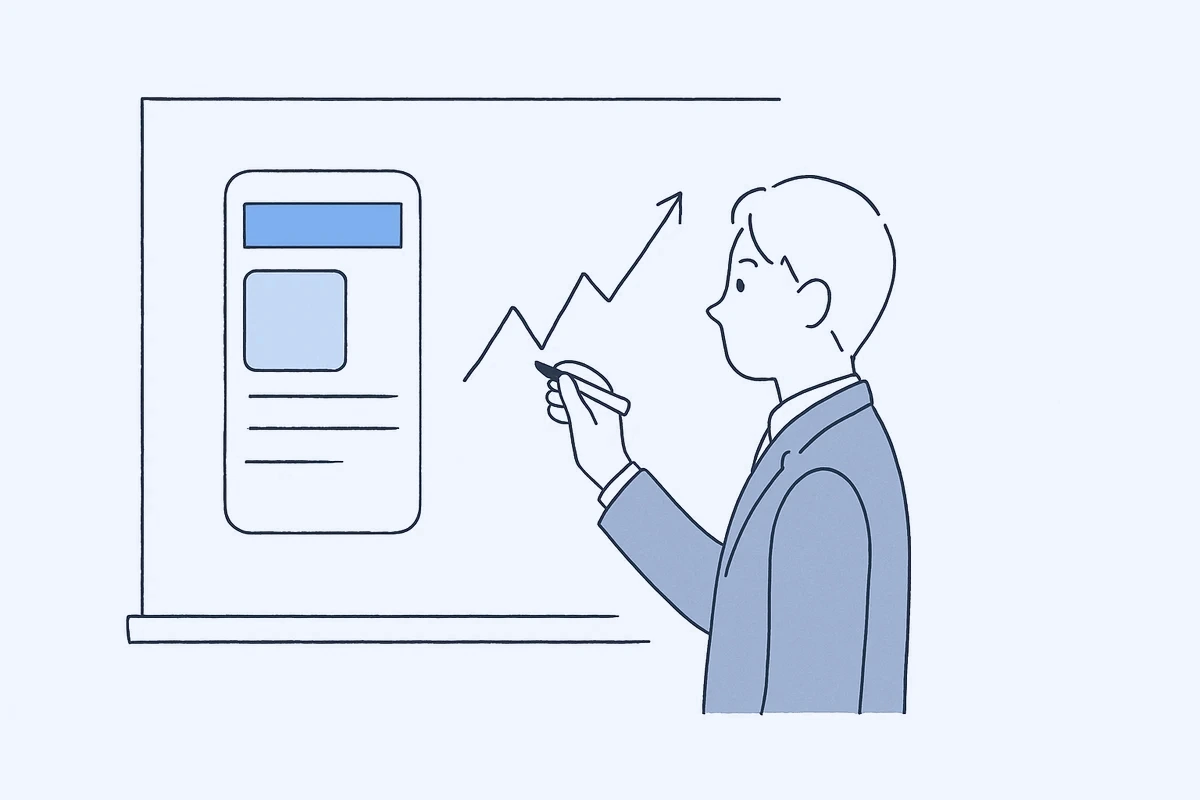 ホワイトボードで新サービスの構想を議論するチームのイラスト